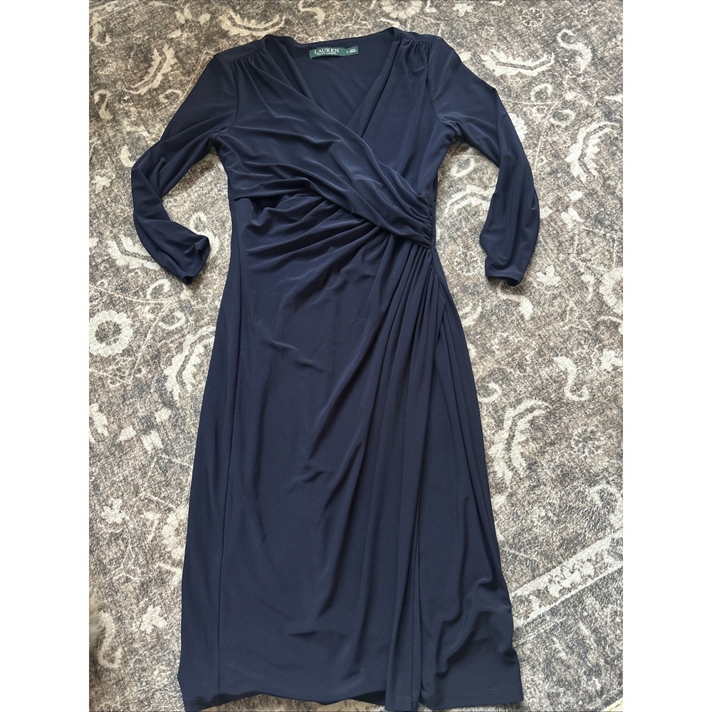 Lauren Ralph Lauren Dress Womens 2 Surplice Neck Faux Wrap Ruched Side LS MIDI